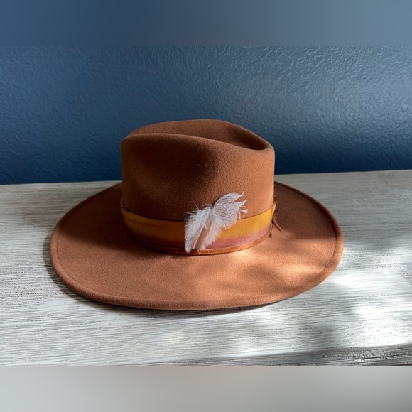 Freya Brown Fedora Hat with Ribbon & Feather Accent 100% Wool main image 10